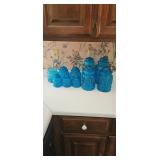 Blue Glass Canisters With Lids, 10 Pieces