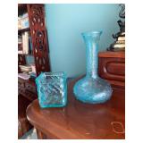 Blue Pressed Glass Vase and Square Jar