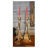 Pair Brass Corinthian Column Candlesticks