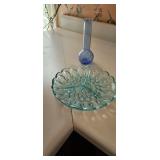 Blue Crackle Glass Vase and Divided Relish Dish