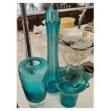 Trio Of Blue Art Glass Vases