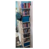 Tall White Wicker Shelf With Contents and Decor