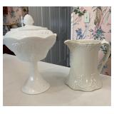 White Milk Glass Lidded Compote & Pitcher