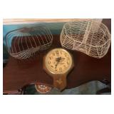 Wall Clock With Bird Motif And Two Wire Baskets
