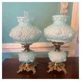Pair Blue Satin Glass Brass Table Lamps