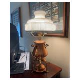 Copper & Brass Samovar Urn Lamp w Milk Glass Shade