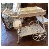 White Wicker Tea Cart with Glass Top and Trays