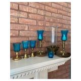 Brass and Blue Glass Candle Holders Set