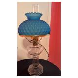 Fleur/-de-lis base lamp blue satin shade 23@ tall