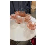 8 cup and saucers cabbage rose pink depression