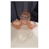Pink depression cream and sugar and cookie jar