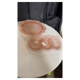 Pink depression cake stand and 3 played
