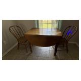 Oak round dropleaf table and 2 chairs
