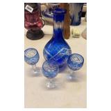 Blue/ clear decanter 3 stemware