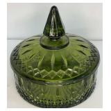 Green Indiana Glass Covered Candy Dish 6"