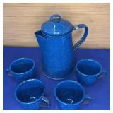 Blue/White Speckled Ware 8"Coffee Pot and 4 Cups