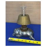 Cast Metal Pig Oil Lamp w/Brass Shade