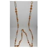 Very Long Orange Bead Goldtone Necklace