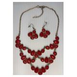 Gold Tone Pink Stone Necklace/Earrings