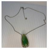 Green Stone Silver Tone Necklace unmarked