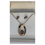 Gold Tone Purple Stone Necklace Earring set