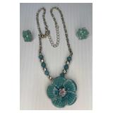 Silver Tone Green Floral Necklace Earring Set