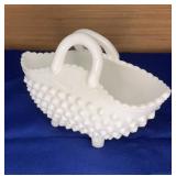 Fenton Milk Glass Hobnail Footed Basket 7"