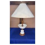28" Milk Glass/Wood Bowl Lamp works note cond