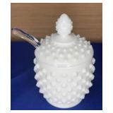 Fenton Milk Glass Hobnail Jelly Jar w/ladle 5.5"