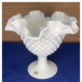 Fenton Milk Glass Hobnail Ruffled Compote 6"  note
