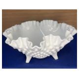 Fenton Milk Glass Hobnail Ruffled Footed Bowl