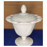 Lace Edge Milk Glass Covered Dish 6.5"