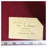 Geo. Y. Dibblee Druggist NB Business Card
