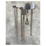 Spade Shovels - Qty 2 , Hoes - Qty 2, Scraper and