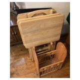 Four Wood TV Trays w/Stand, Magazine Rack, One