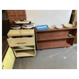 Metal Cabinet, Wood Book Shelf w/Pans, Plates