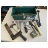Plastic Tool Box, Hammer, Tape, Sockets, Ratchets