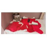 Tote of Christmas Stockings, Hat, Stocking Holders