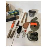 Assorted Knives, Knife Sharpener, Straps