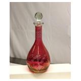 Etched Cranberry Cut Glass Decanter