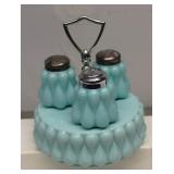 Vintage Blue Milk Glass Condiment Set