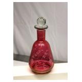 Etched Cranberry Cut Glass Decanter