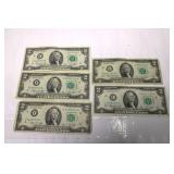 1976 Two Dollar Bills 5 Bills