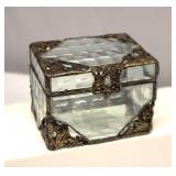 Vintage Glass Trinket Box Ornate Gilt Brass