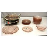 Pink Glass 12" Plates 8.5"Plates 9 Bowls Lot
