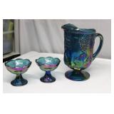 Indiana Carnival Glass Pitcher & Candle Holders