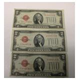1928 Two Dollar Bills Red Seal U S Note set of 3