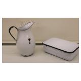 Vintage Enamelware Pitcher & Dish