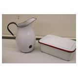 Vintage Enamelware Pitcher & Dish