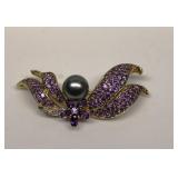 10K Gold Amethyst Tahitian BlK Pearl Diamond Pin
